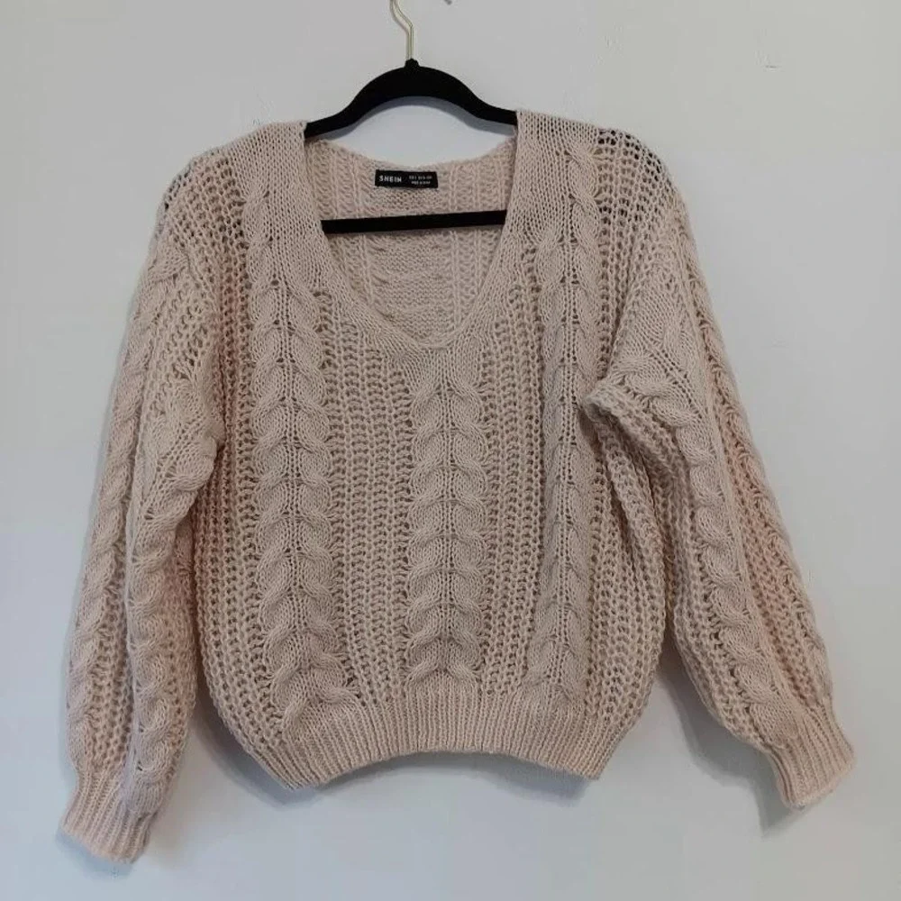 SHEIN Sweater‎ Womens Small Blush Pink Cable Knit V Neck Open Knit Pullover